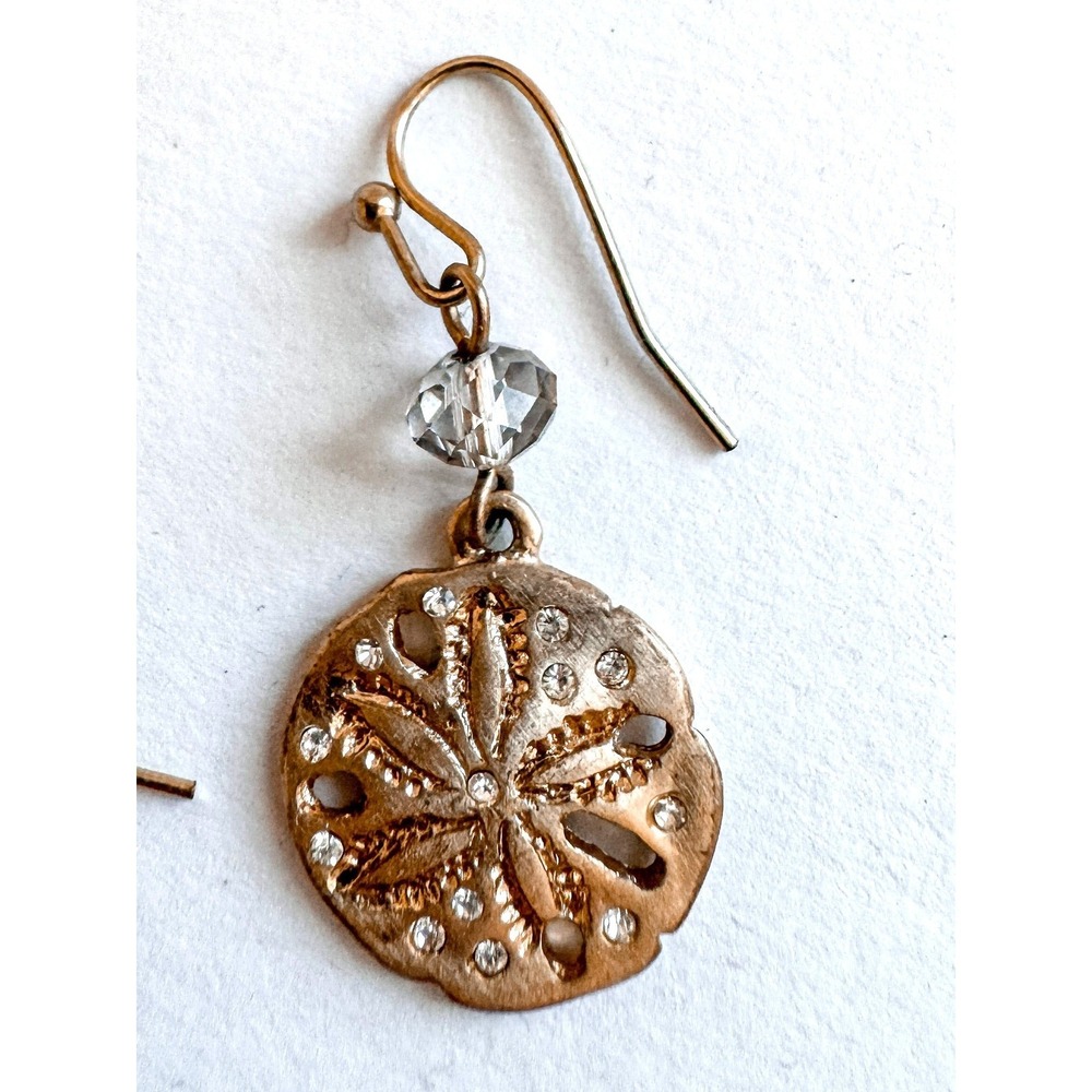 Sand Dollar Dangle Earrings Gold Tone Crystal Beach Coastal Nautical Jewelry - Picture 5 of 6